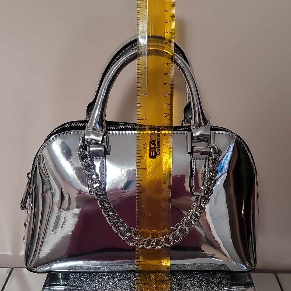 Aldo Shiny Silver Mirror-Effect Chain Handle Crossbody Bag - Picture 9 of 12